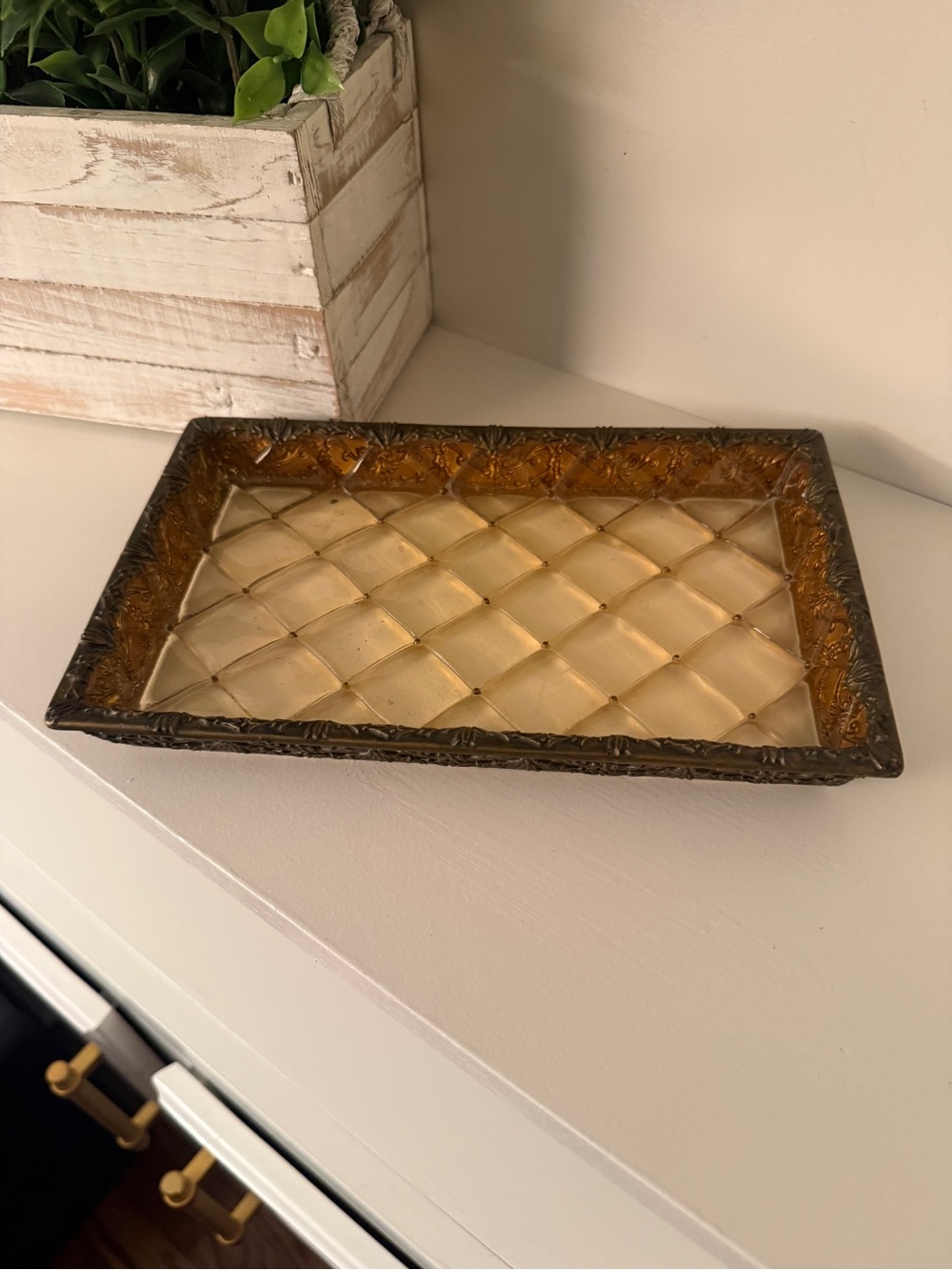 Vintage Amber Faux Glass Decorative Vanity Tray Brass Tone Filigree Catchall